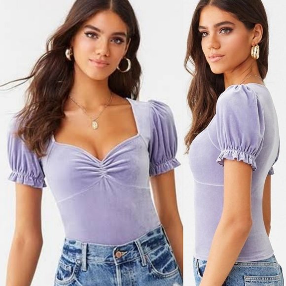 Forever 21 Tops - FOREVER 21 Velvet Puff Sleeve Top Purple Lavender
